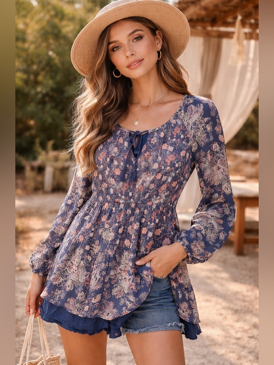 Free People Dresses & Skirts - Free People Style Blue Floral Boho Tunic Top Flowy Long Sleeve
